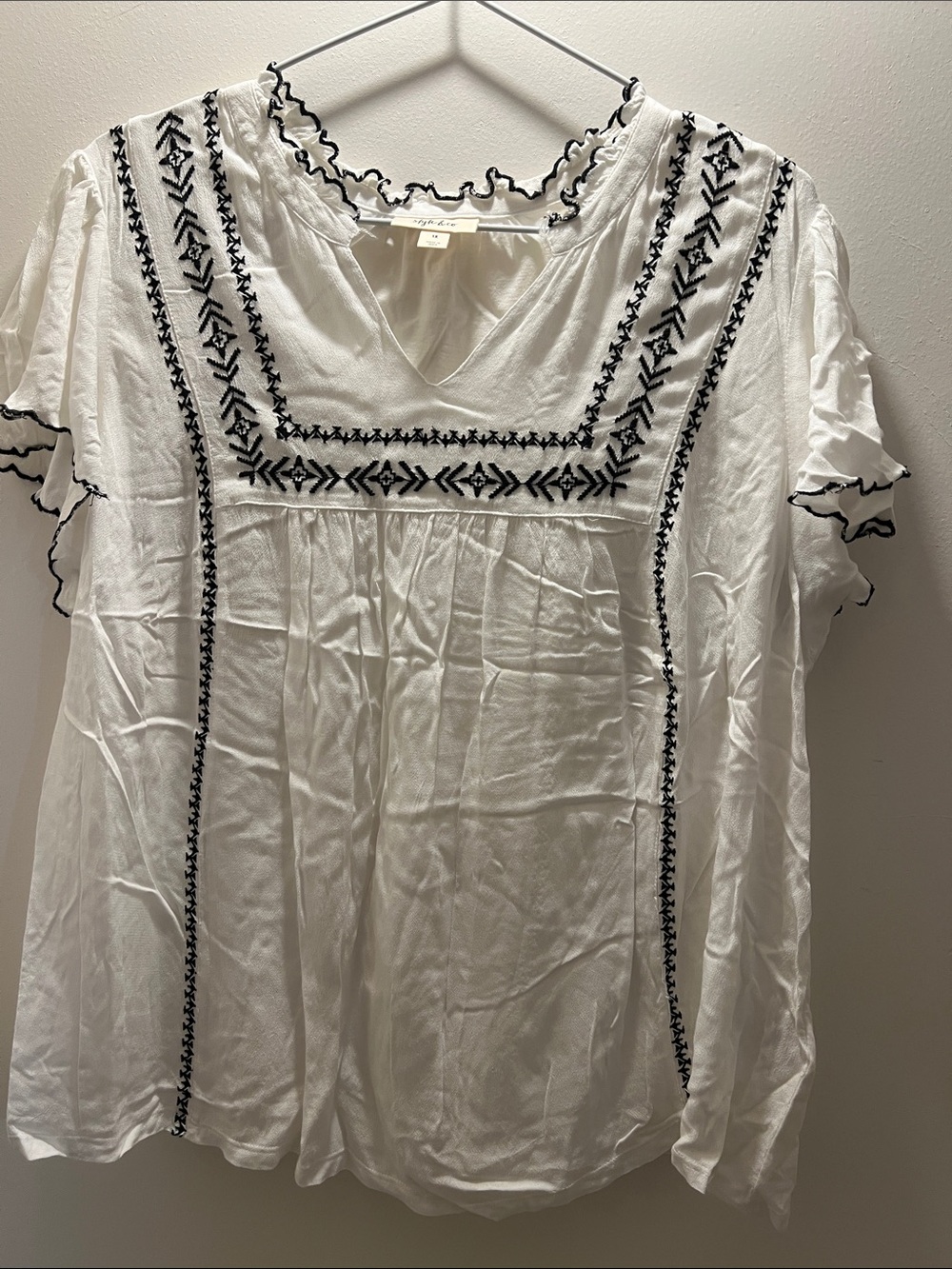 Style & Co. White Boho tunic with Black Embroidery